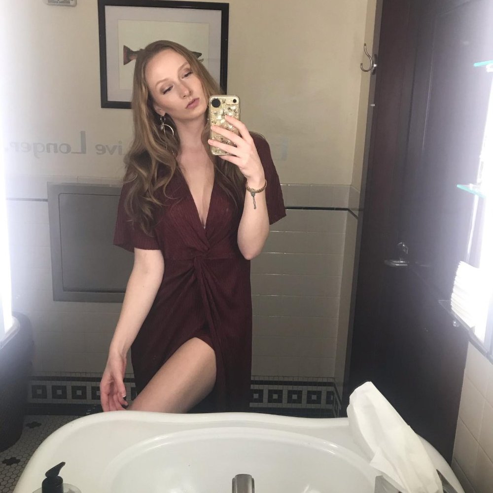 Wine Colored Midi Dress with Plunging Neckline